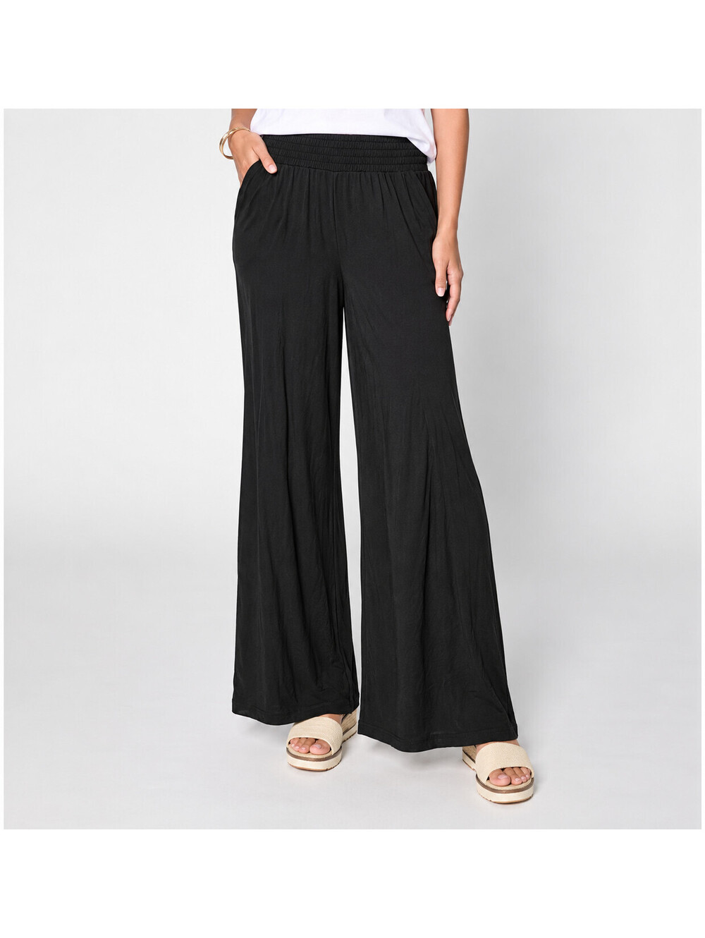 AnyBody Cozy Knit Wide-Leg Elastic Waistband Pull On Pants Black, Size Medium